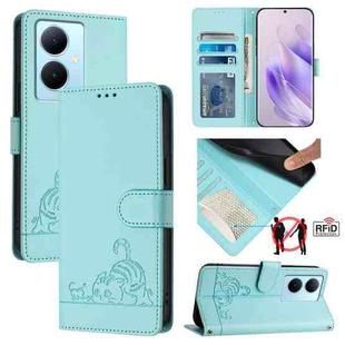 For vivo Y78+ 5G Global Cat Rat Embossed Pattern RFID Leather Phone Case with Lanyard(Mint Green)