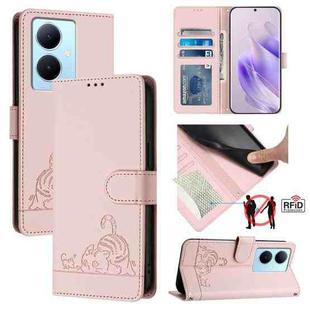 For vivo Y78+ 5G Global Cat Rat Embossed Pattern RFID Leather Phone Case with Lanyard(Pink)