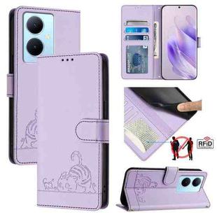 For vivo Y78+ 5G Global Cat Rat Embossed Pattern RFID Leather Phone Case with Lanyard(Purple)