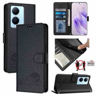 For vivo Y78 5G Global / V29 Lite Cat Rat Embossed Pattern RFID Leather Phone Case with Lanyard(Black)