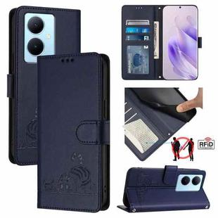 For vivo Y78 5G Global / V29 Lite Cat Rat Embossed Pattern RFID Leather Phone Case with Lanyard(Blue)