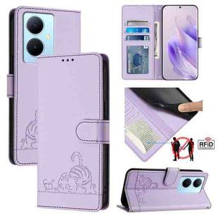 For vivo Y78 5G Global / V29 Lite Cat Rat Embossed Pattern RFID Leather Phone Case with Lanyard(Purple)
