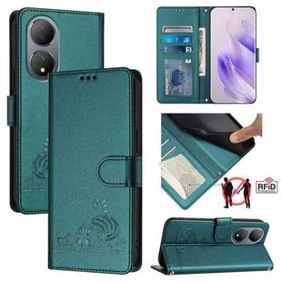 For vivo Y100 5G Global Cat Rat Embossed Pattern RFID Leather Phone Case with Lanyard(Peacock Green)