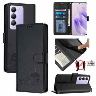 For vivo Y200E 5G Global Cat Rat Embossed Pattern RFID Leather Phone Case with Lanyard(Black)