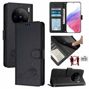 For vivo X100 Cat Rat Embossed Pattern RFID Leather Phone Case with Lanyard(Black)