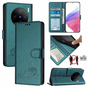 For vivo X100 Cat Rat Embossed Pattern RFID Leather Phone Case with Lanyard(Peacock Green)