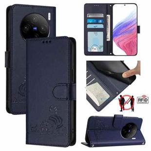 For vivo X100 Cat Rat Embossed Pattern RFID Leather Phone Case with Lanyard(Blue)