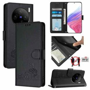 For vivo X100 Pro 5G Cat Rat Embossed Pattern RFID Leather Phone Case with Lanyard(Black)