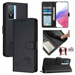 For vivo Y76 5G Cat Rat Embossed Pattern RFID Leather Phone Case with Lanyard(Black)