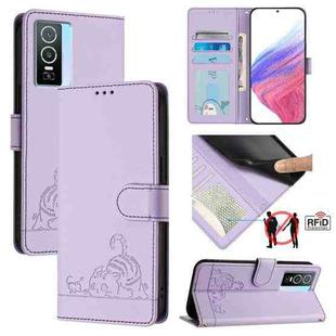 For vivo Y76 5G Cat Rat Embossed Pattern RFID Leather Phone Case with Lanyard(Purple)