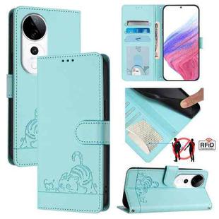 For vivo S19 Pro Cat Rat Embossed Pattern RFID Leather Phone Case with Lanyard(Mint Green)