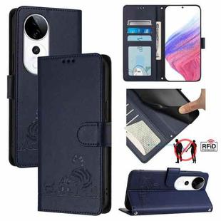 For vivo S19 Pro Cat Rat Embossed Pattern RFID Leather Phone Case with Lanyard(Blue)