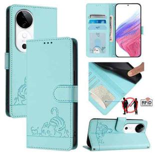 For vivo S19 Cat Rat Embossed Pattern RFID Leather Phone Case with Lanyard(Mint Green)