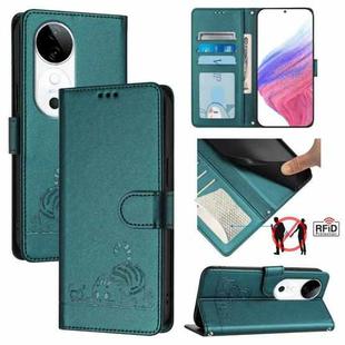 For vivo S19 Cat Rat Embossed Pattern RFID Leather Phone Case with Lanyard(Peacock Green)