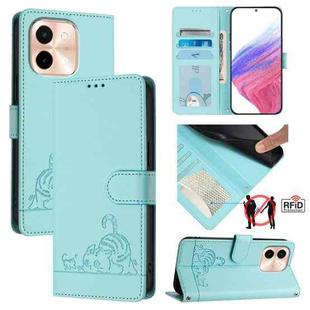 For vivo Y28 4G Cat Rat Embossed Pattern RFID Leather Phone Case with Lanyard(Mint Green)