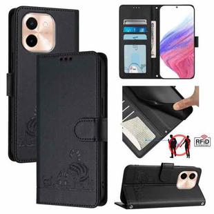 For vivo Y28 4G Cat Rat Embossed Pattern RFID Leather Phone Case with Lanyard(Black)