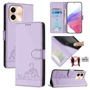 For vivo Y28 4G Cat Rat Embossed Pattern RFID Leather Phone Case with Lanyard(Purple)