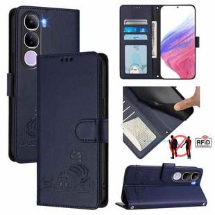 For vivo V40 Lite 5G IDN Cat Rat Embossed Pattern RFID Leather Phone Case with Lanyard(Blue)