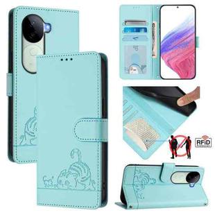 For vivo V40e 5G India Cat Rat Embossed Pattern RFID Leather Phone Case with Lanyard(Mint Green)