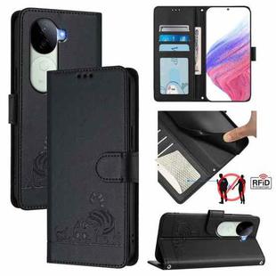 For vivo V40e 5G India Cat Rat Embossed Pattern RFID Leather Phone Case with Lanyard(Black)