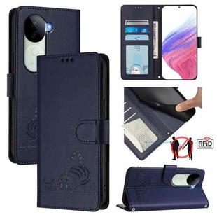 For vivo V40e 5G India Cat Rat Embossed Pattern RFID Leather Phone Case with Lanyard(Blue)