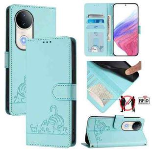For vivo S20 5G Cat Rat Embossed Pattern RFID Leather Phone Case with Lanyard(Mint Green)
