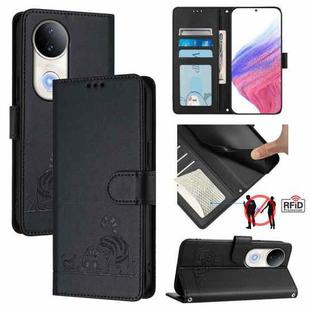 For vivo S20 5G Cat Rat Embossed Pattern RFID Leather Phone Case with Lanyard(Black)