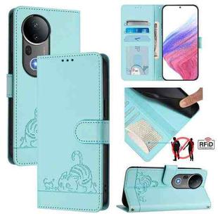 For vivo S20 Pro 5G Cat Rat Embossed Pattern RFID Leather Phone Case with Lanyard(Mint Green)