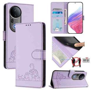 For vivo S20 Pro 5G Cat Rat Embossed Pattern RFID Leather Phone Case with Lanyard(Purple)