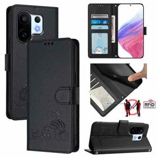 For vivo S30 Pro mini Cat Rat Embossed Pattern RFID Leather Phone Case with Lanyard(Black)