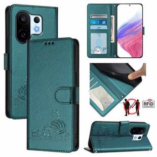 For vivo S30 Pro mini Cat Rat Embossed Pattern RFID Leather Phone Case with Lanyard(Peacock Green)