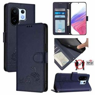 For vivo S30 Pro mini Cat Rat Embossed Pattern RFID Leather Phone Case with Lanyard(Blue)