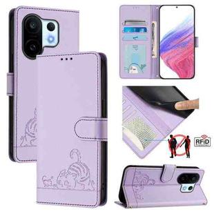 For vivo S30 Pro mini Cat Rat Embossed Pattern RFID Leather Phone Case with Lanyard(Purple)