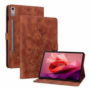 For Lenovo Tab P12 12.7 Lily Embossed Leather Tablet Case(Brown)