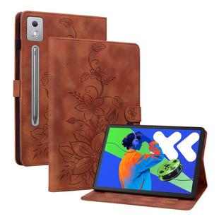 For Lenovo Tab P12 12.7 2025 Lily Embossed Leather Tablet Case(Brown)