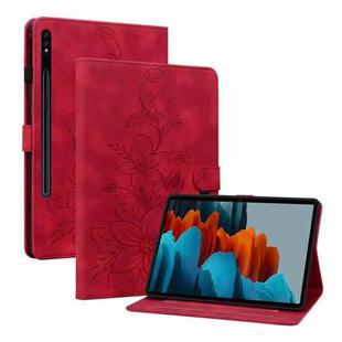 For Samsung Galaxy Tab S7 FE/S8+/S7+ Lily Embossed Leather Tablet Case(Red)