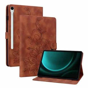 For Samsung Galaxy Tab S9 / S9 FE Lily Embossed Leather Tablet Case(Brown)