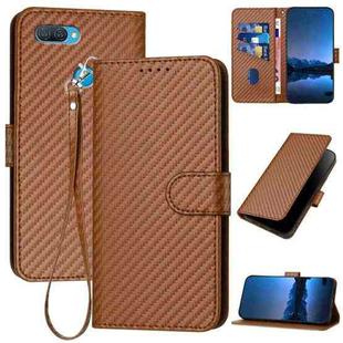 For OPPO A12 / A7 / A5s YX0070 Carbon Fiber Buckle Leather Phone Case with Lanyard(Coffee)