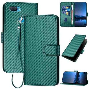 For OPPO A12 / A7 / A5s YX0070 Carbon Fiber Buckle Leather Phone Case with Lanyard(Dark Green)