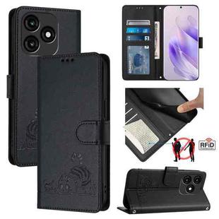 For itel A70 Cat Rat Embossed Pattern RFID Leather Phone Case with Lanyard(Black)