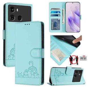 For itel P40 Cat Rat Embossed Pattern RFID Leather Phone Case with Lanyard(Mint Green)