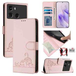 For itel P40 Cat Rat Embossed Pattern RFID Leather Phone Case with Lanyard(Pink)