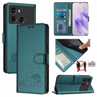 For itel P40 Cat Rat Embossed Pattern RFID Leather Phone Case with Lanyard(Peacock Green)