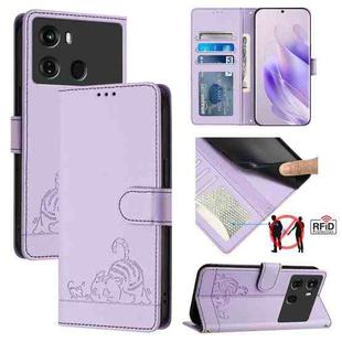 For itel P40 Cat Rat Embossed Pattern RFID Leather Phone Case with Lanyard(Purple)