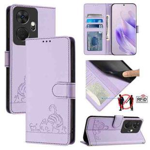 For itel P55+ Cat Rat Embossed Pattern RFID Leather Phone Case with Lanyard(Purple)