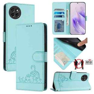 For itel S23 S665L Cat Rat Embossed Pattern RFID Leather Phone Case with Lanyard(Mint Green)