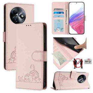 For itel S24 Cat Rat Embossed Pattern RFID Leather Phone Case with Lanyard(Pink)