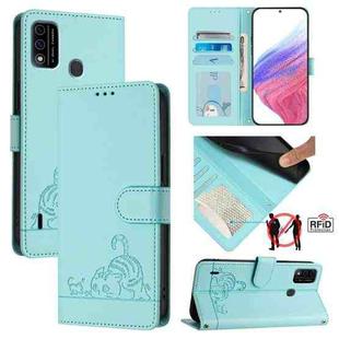 For itel A48 Cat Rat Embossed Pattern RFID Leather Phone Case with Lanyard(Mint Green)