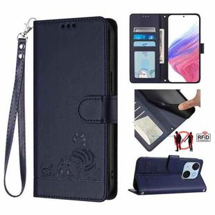 For itel A50C Cat Rat Embossed Pattern RFID Leather Phone Case with Lanyard(Blue)