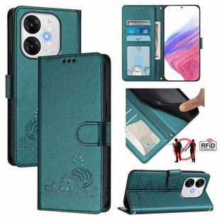 For itel A80 4G Cat Rat Embossed Pattern RFID Leather Phone Case with Lanyard(Peacock Green)